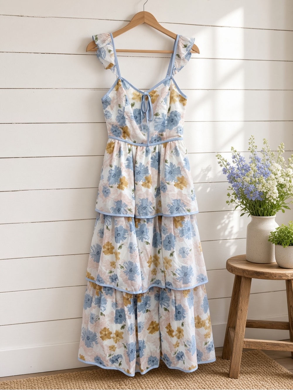 Floral Midi Dress With Ruffled Straps